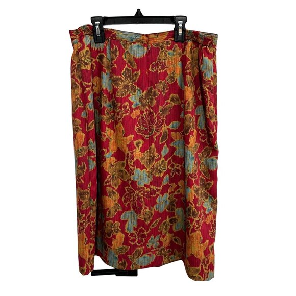 Leslie Fay Sz 14 Floral Pleated Skirt Scarf Red Multi Office Professional Artsy - Picture 2 of 8